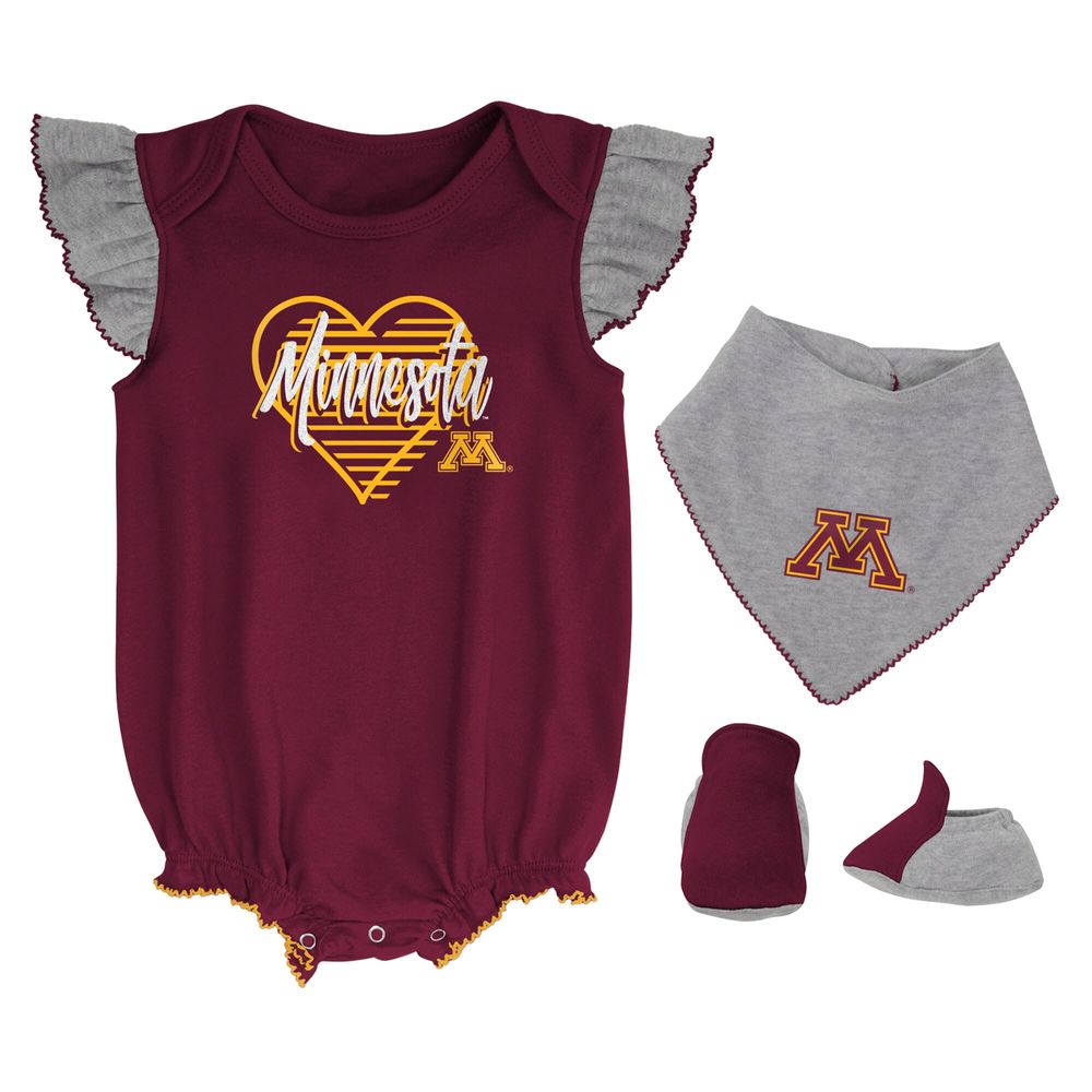 Girls Newborn & Infant Maroon/Heather Gray Minnesota Golden Gophers All The Love Bodysuit Bib Booties Set