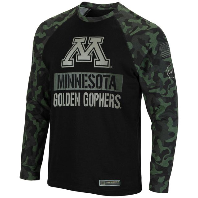 T-shirt à manches longues pour hommes Colosseum Black/Camo Minnesota Golden Gophers OHT Military Appreciation Raglan