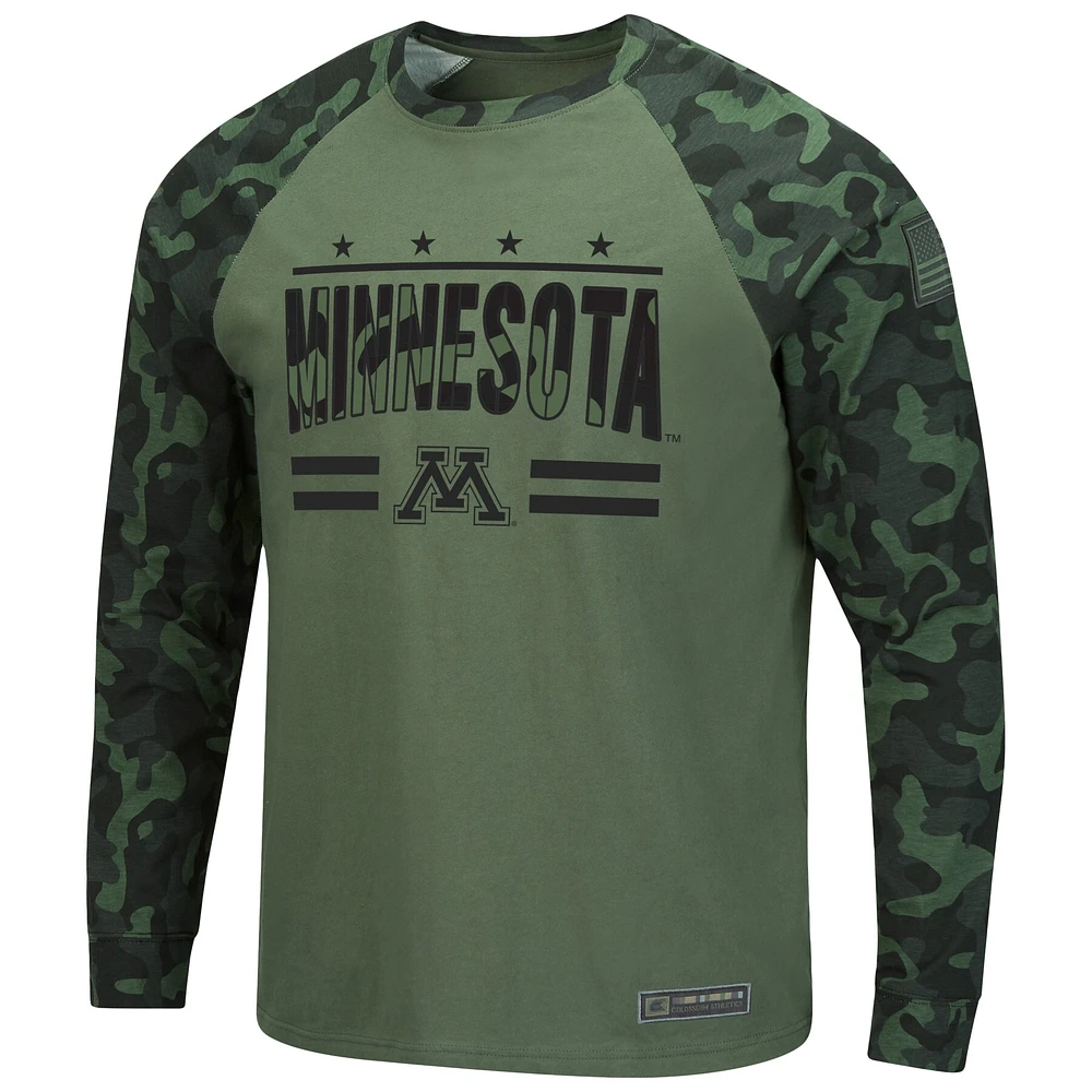 Men's Colosseum Olive/Camo Minnesota Golden Gophers OHT Military Appreciation Slim-Fit Raglan Long Sleeve T-Shirt