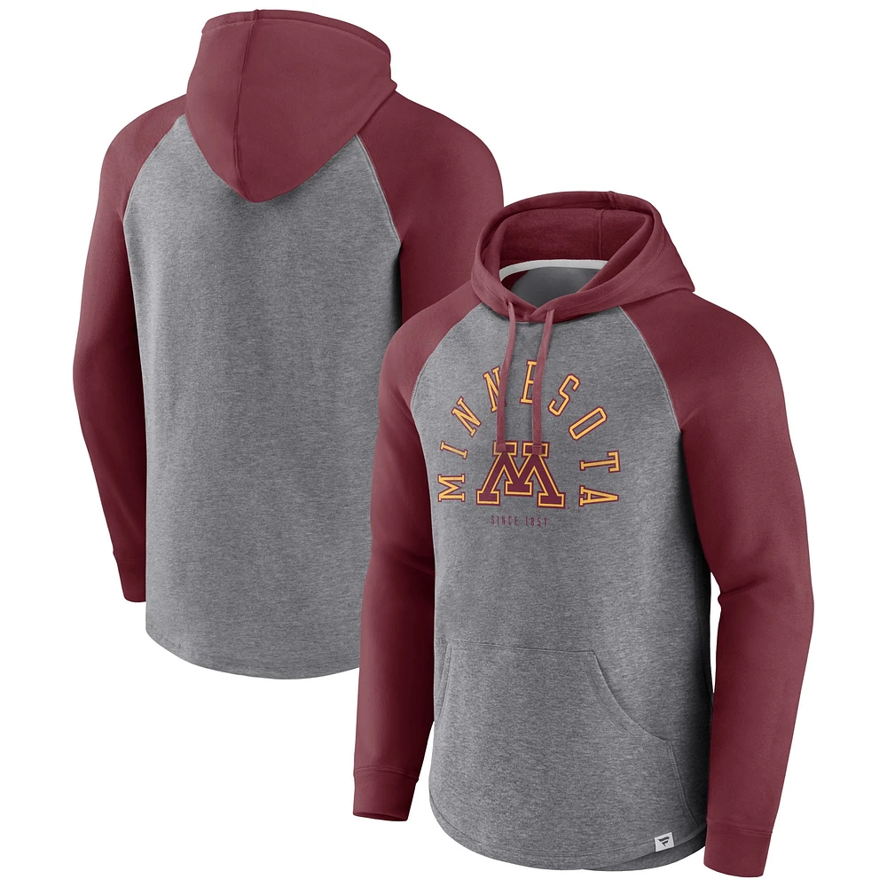 Sweat à capuche raglan pour hommes Fanatics marron/gris chiné Minnesota Golden Gophers Wrap Up