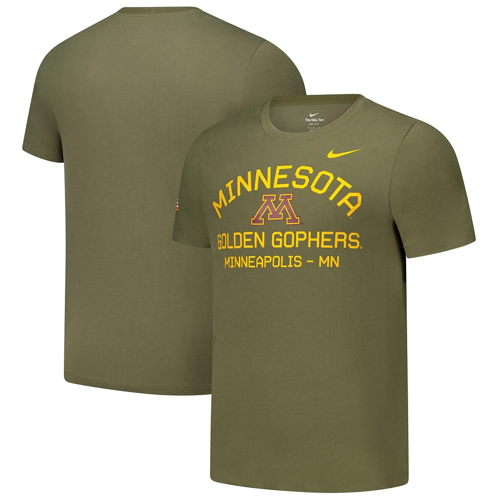 T-shirt de performance d'appréciation militaire Nike Olive Minnesota Golden Gophers 2024 pour homme