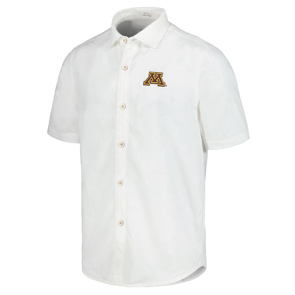 Men's Tommy Bahama White Minnesota Golden Gophers Coconut Point Palm Vista IslandZone Camp Button-Up Shirt