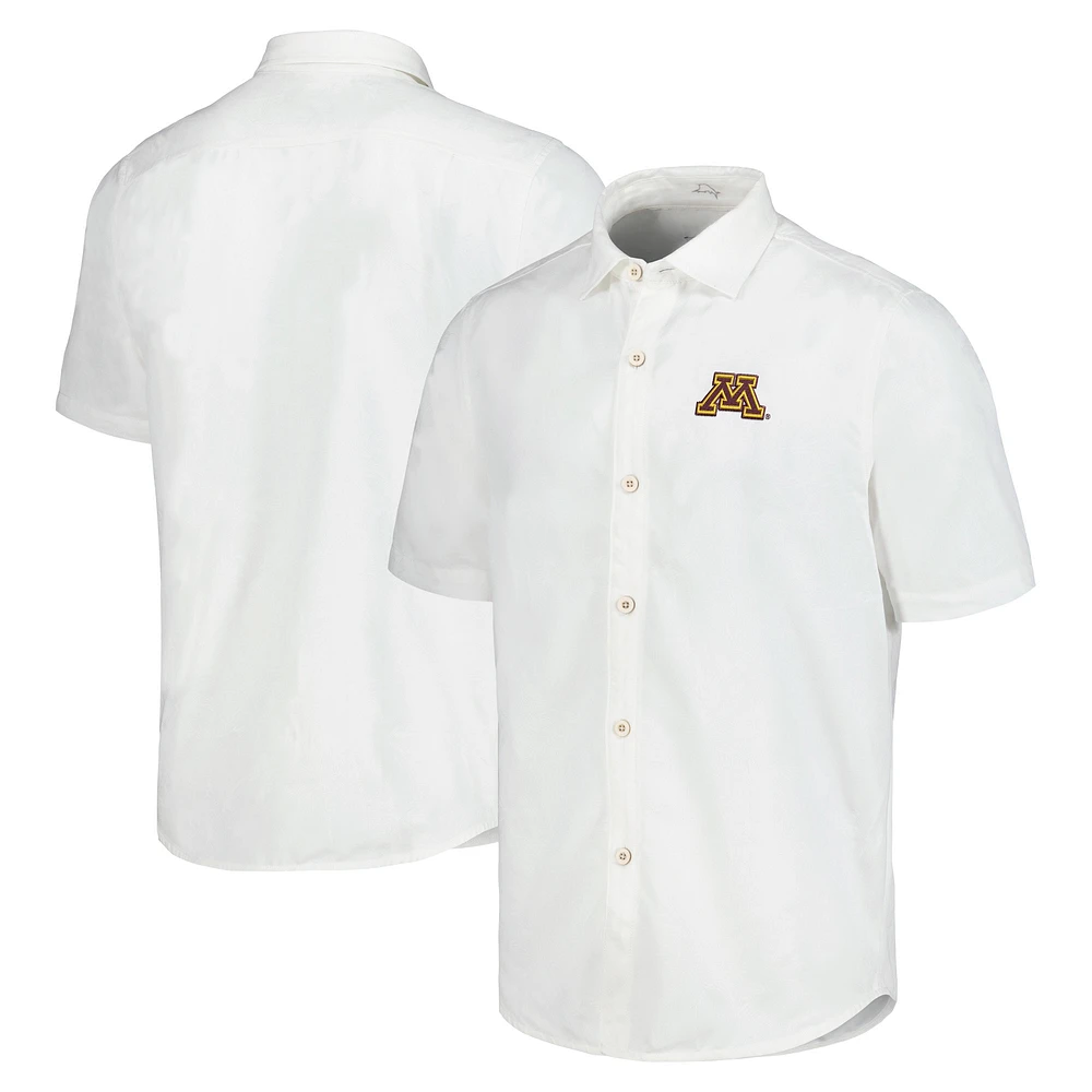 Men's Tommy Bahama White Minnesota Golden Gophers Coconut Point Palm Vista IslandZone Camp Button-Up Shirt