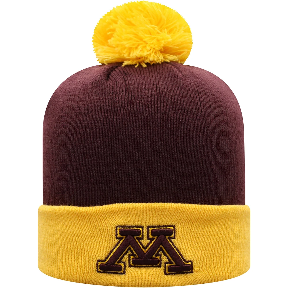 Bonnet en tricot à revers 2 tons avec pompon pour homme Top of the World Marron/Or Minnesota Golden Gophers