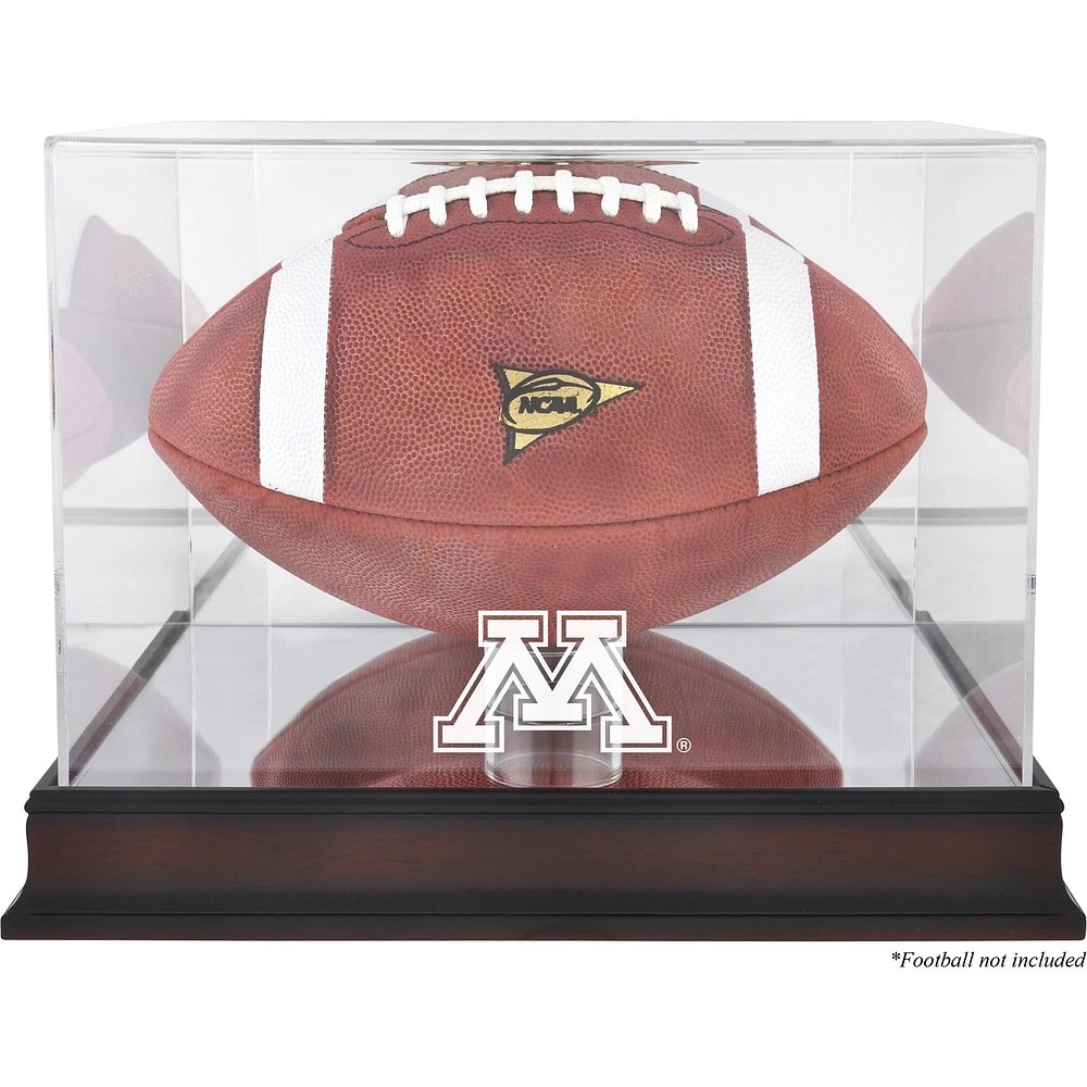 Vitrine de présentation du logo de football des Golden Gophers du Minnesota avec base en acajou et dos en miroir