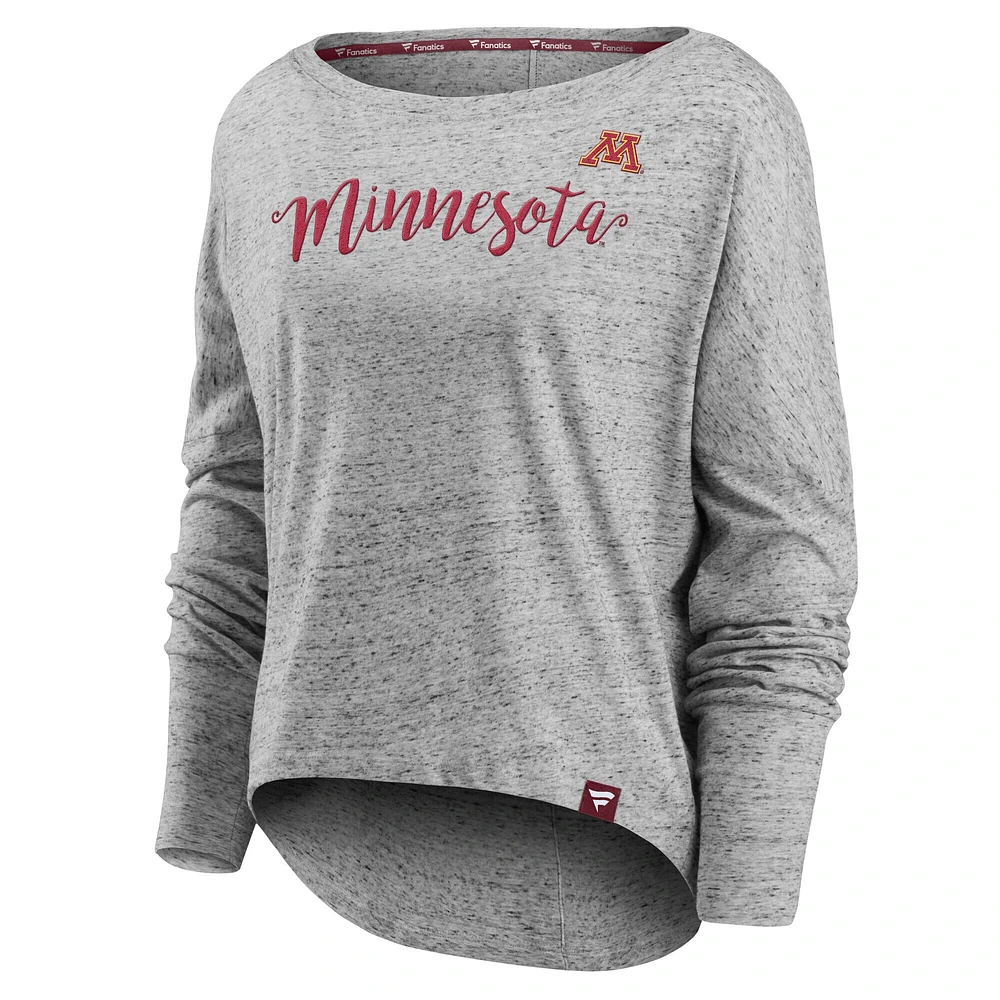 T-shirt à manches longues et col bateau emblématique des Golden Gophers du Minnesota Fanatics pour femmes, gris