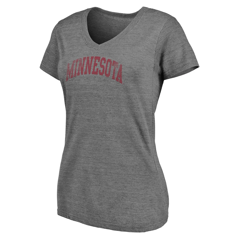 T-shirt tri-mélange à col en V 2 coups Fanatics pour femmes, gris chiné, Minnesota Golden Gophers Slab Serif