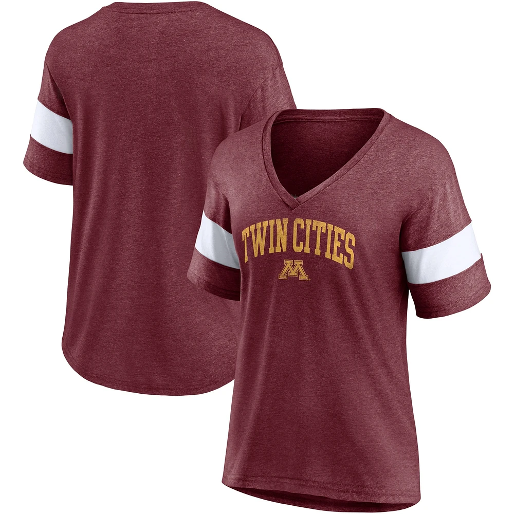 T-shirt à col en V tri-mélange manches et rayures Fanatics Heathered Maroon Minnesota Golden Gophers pour femmes