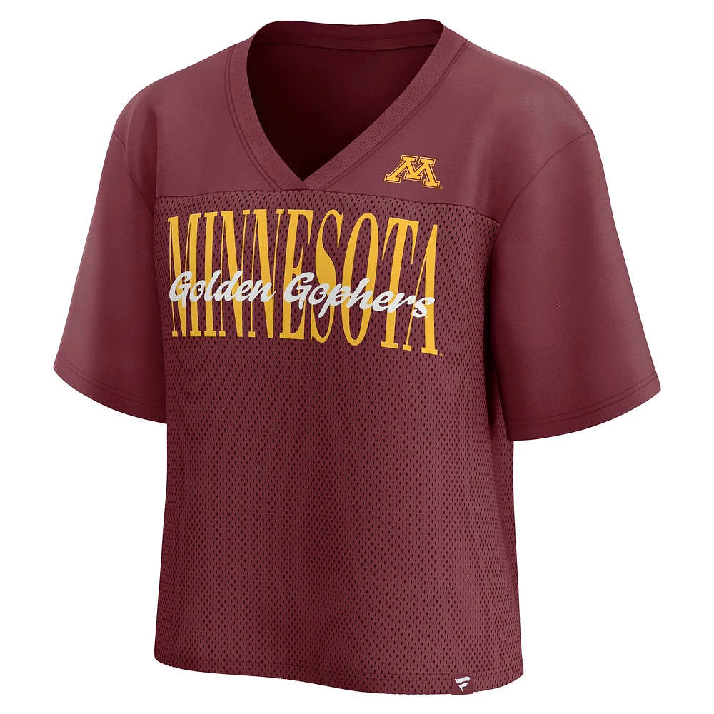 Haut tendance à col en V avec superposition de mailles et inscriptions Fanatics pour femmes, couleur marron, Minnesota Golden Gophers