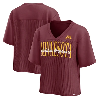 Haut tendance à col en V avec superposition de mailles et inscriptions Fanatics pour femmes, couleur marron, Minnesota Golden Gophers