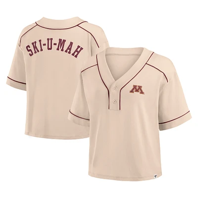 Women's Fanatics Tan Minnesota Golden Gophers Oversized Dominant Force Cropped V-Neck T-Shirt