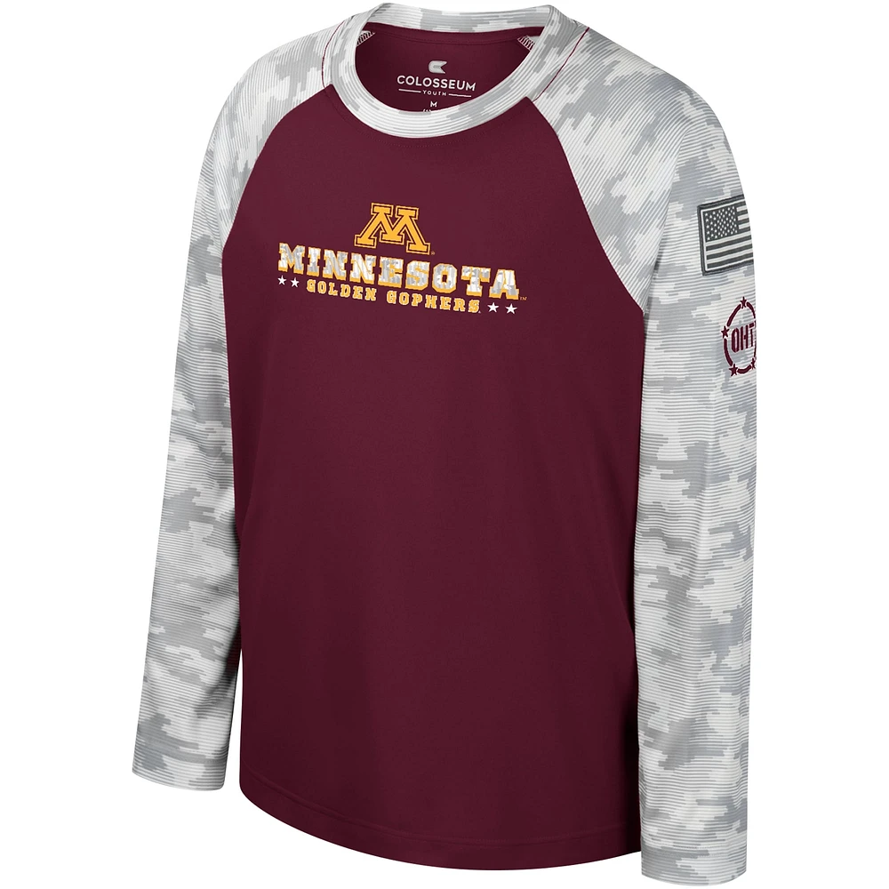 T-shirt à manches longues Raglan pour jeunes Colosseum Maroon/Camo Minnesota Golden Gophers OHT Appréciation militaire Dark Star