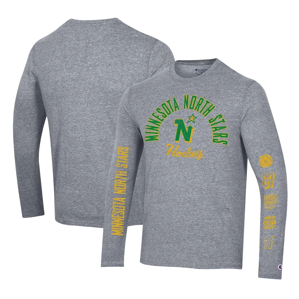 T-shirt à manches longues tri-mélange multi-logo Champion Heather Grey Minnesota North Stars pour hommes