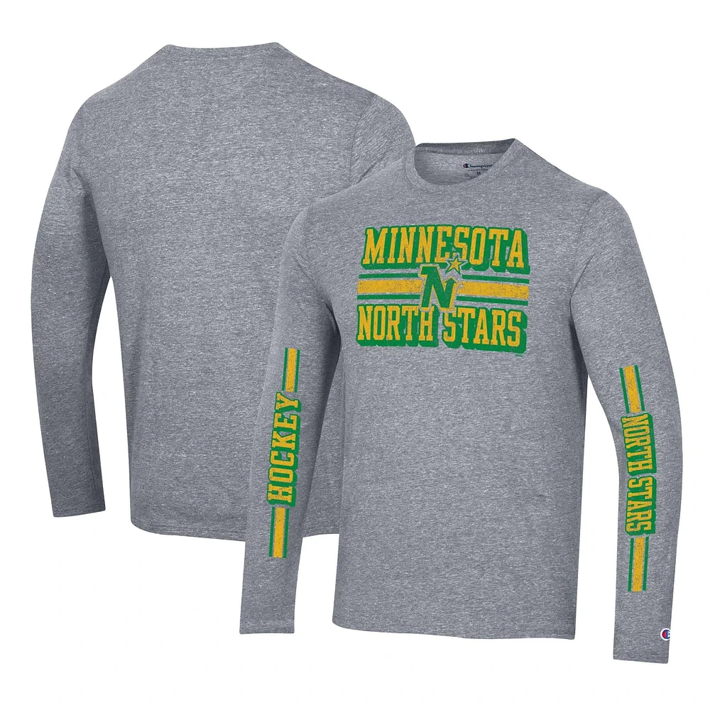 T-shirt à manches longues trois mélanges double bande Champion Heather Grey Minnesota North Stars pour hommes