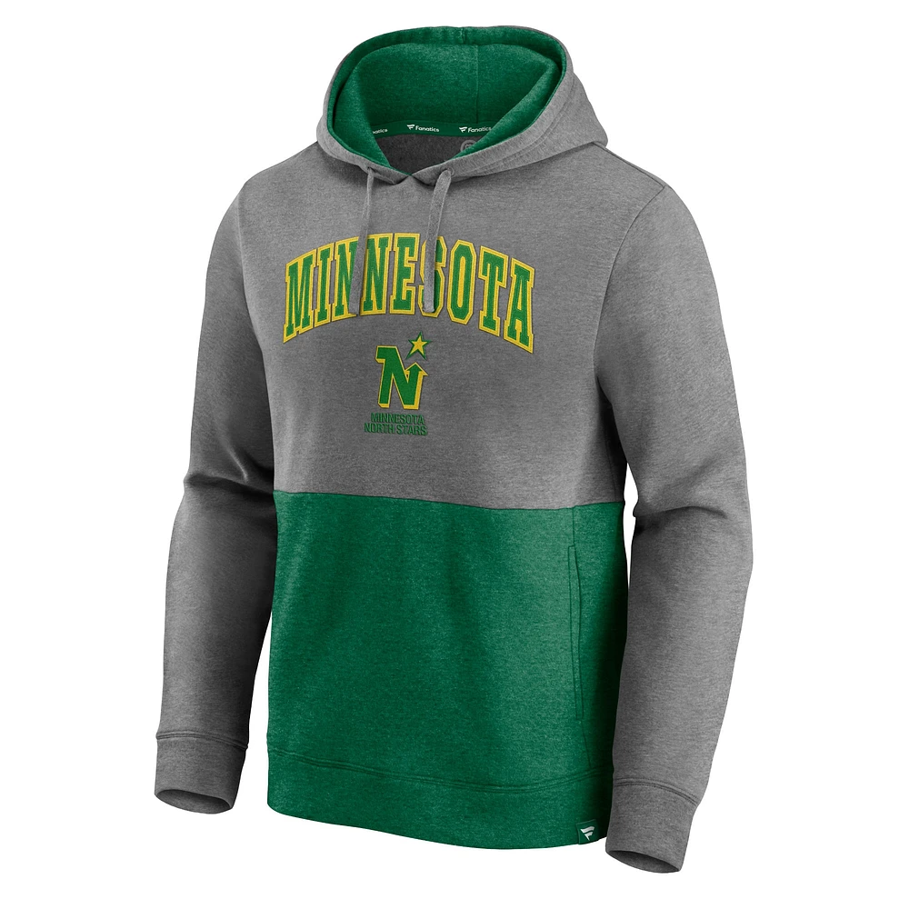 Men's Fanatics Heathered Gray/Kelly Green Minnesota North Stars Block Party Classic Arch Signature Pullover Hoodie