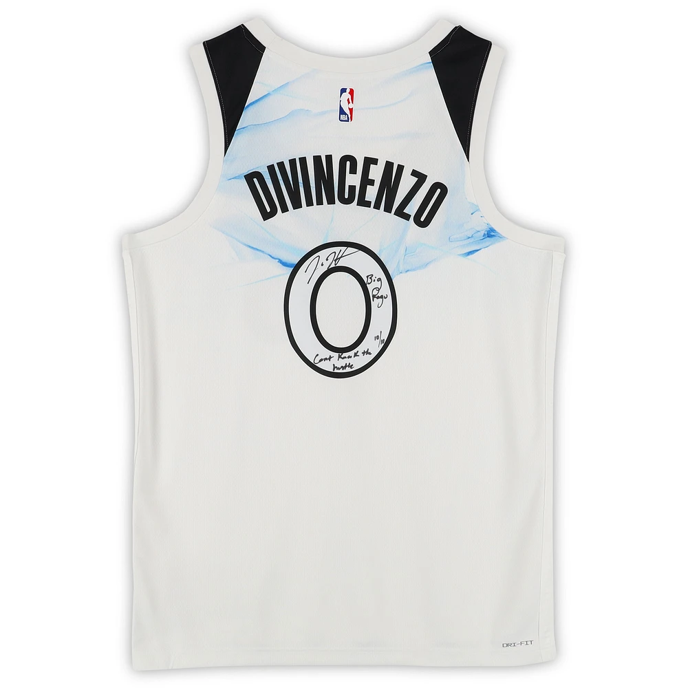 Donte DiVincenzo Minnesota Timberwolves Autographed White Nike 2024-25 City Edition Swingman Jersey with "Big Ragu" & "Can't Knock the Hustle" Inscriptions - Limited Edition #10/10