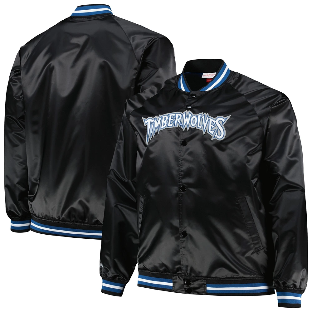 Men's Mitchell & Ness Black Minnesota Timberwolves Big Tall Hardwood Classics Wordmark Satin Raglan Full-Zip Jacket