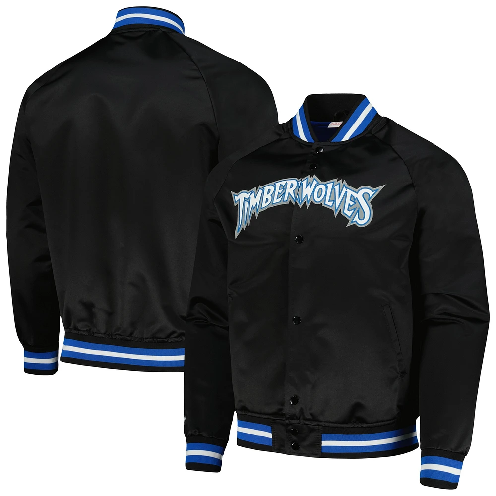 Veste noire Mitchell & Ness Minnesota Timberwolves Hardwood Classics Throwback Wordmark Raglan Full-Snap pour hommes