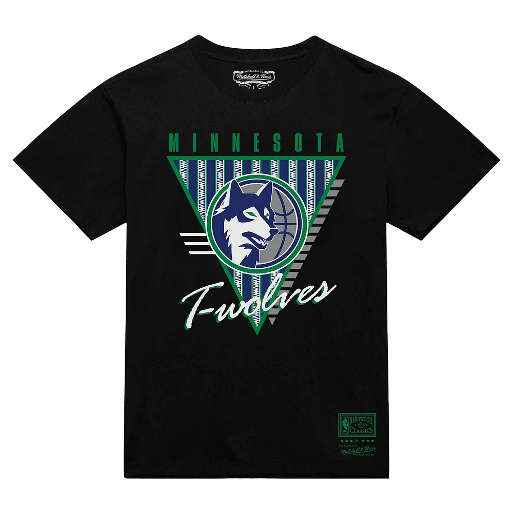 T-shirt noir à trois logos Mitchell & Ness pour homme, collection mondiale des Minnesota Timberwolves