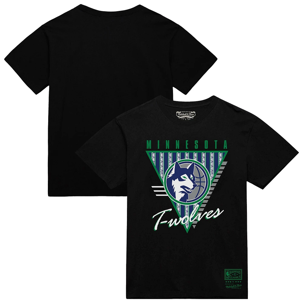 T-shirt noir à trois logos Mitchell & Ness pour homme, collection mondiale des Minnesota Timberwolves
