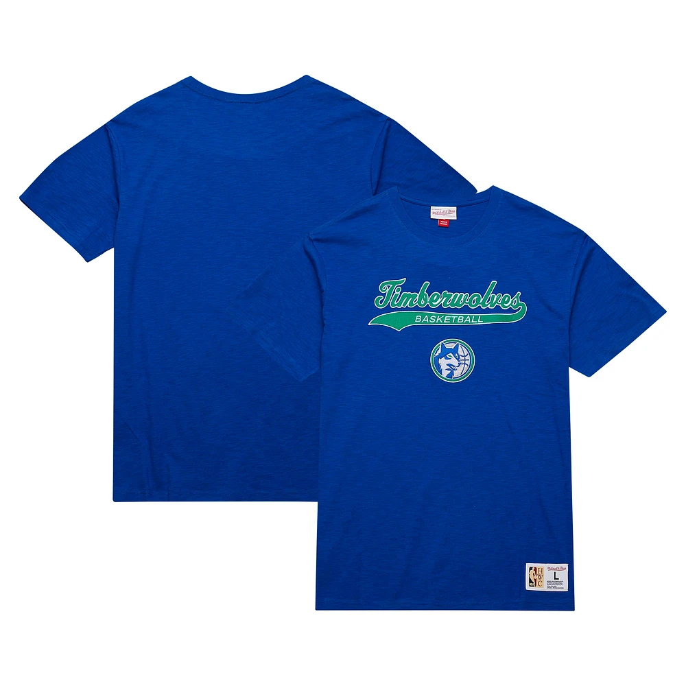 T-shirt bleu pour homme Mitchell & Ness Minnesota Timberwolves Hardwood Classics en feutre avec applique flammée