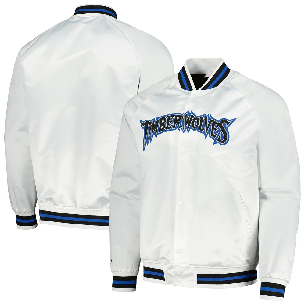 Veste blanche à bouton-pression raglan pour hommes Mitchell & Ness Minnesota Timberwolves Hardwood Classics Throwback Wordmark