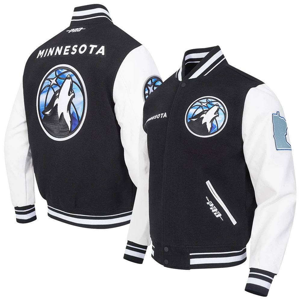 Men's Pro Standard Black Minnesota Timberwolves 2024/25 City Edition Chenille Applique Full-Zip Wool Varsity Jacket