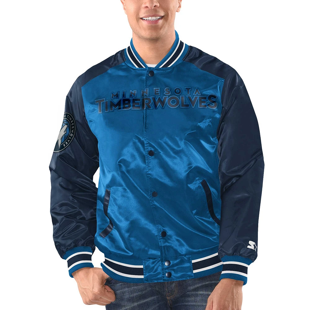 Men's Starter Blue/Navy Minnesota Timberwolves Renegade Satin Full-Snap Varsity Jacket