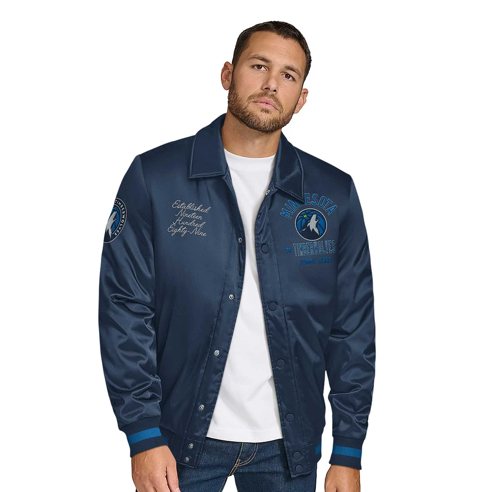 Men's Tommy Jeans Navy Minnesota Timberwolves Jacob Chain Stitch Applique Full-Snap Varsity Jacket