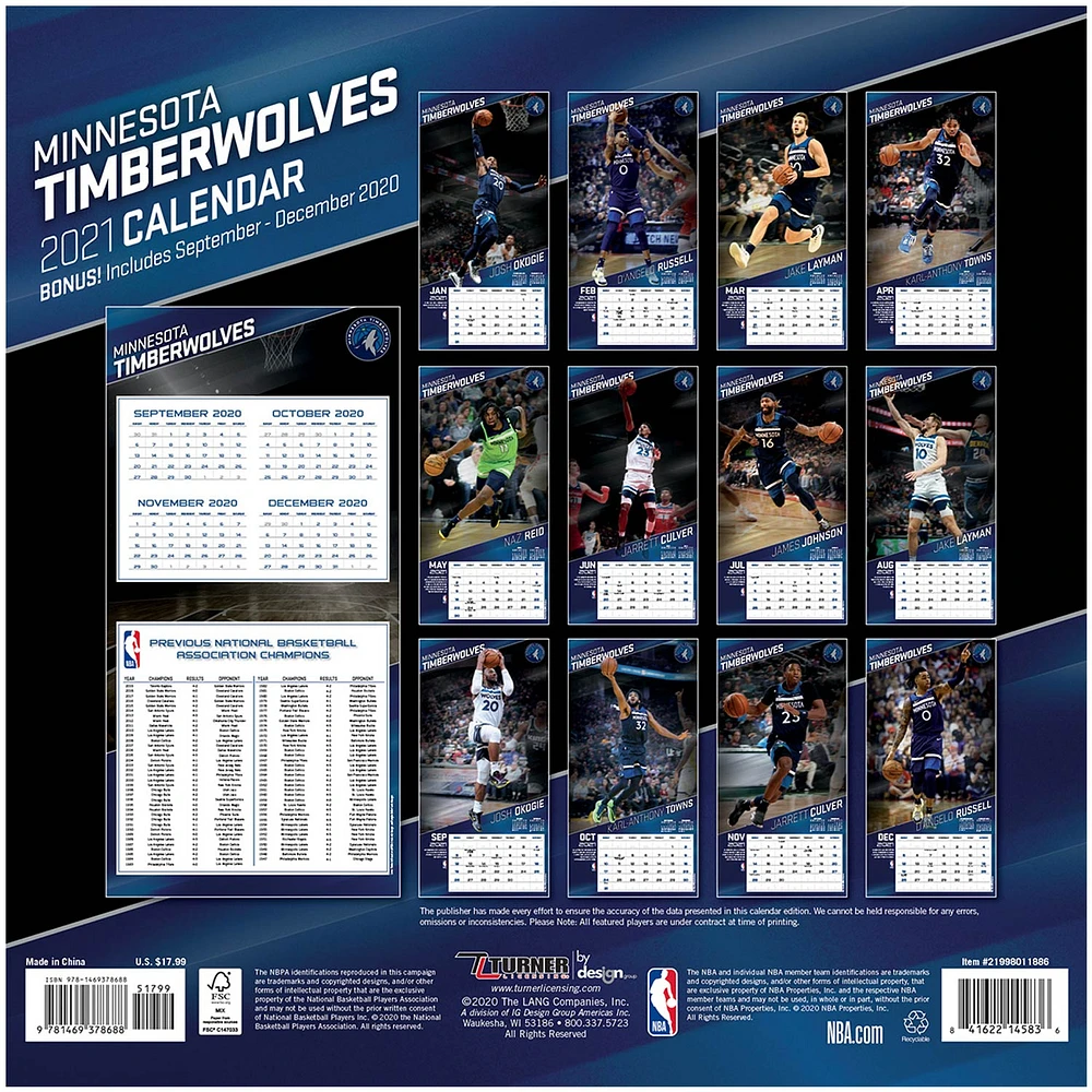 Calendrier mural 2021 des Timberwolves du Minnesota