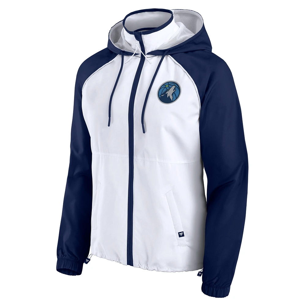 Veste à capuche entièrement zippée et raglan Fanatics pour femme, blanc/bleu marine, Minnesota Timberwolves