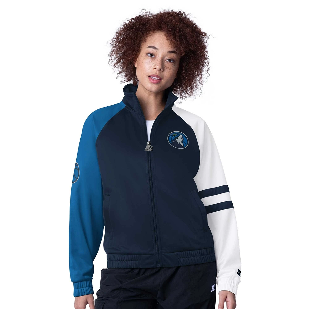 Veste de survêtement zippée intégrale pour femme Starter Navy Minnesota Timberwolves Line Up Dolman Raglan