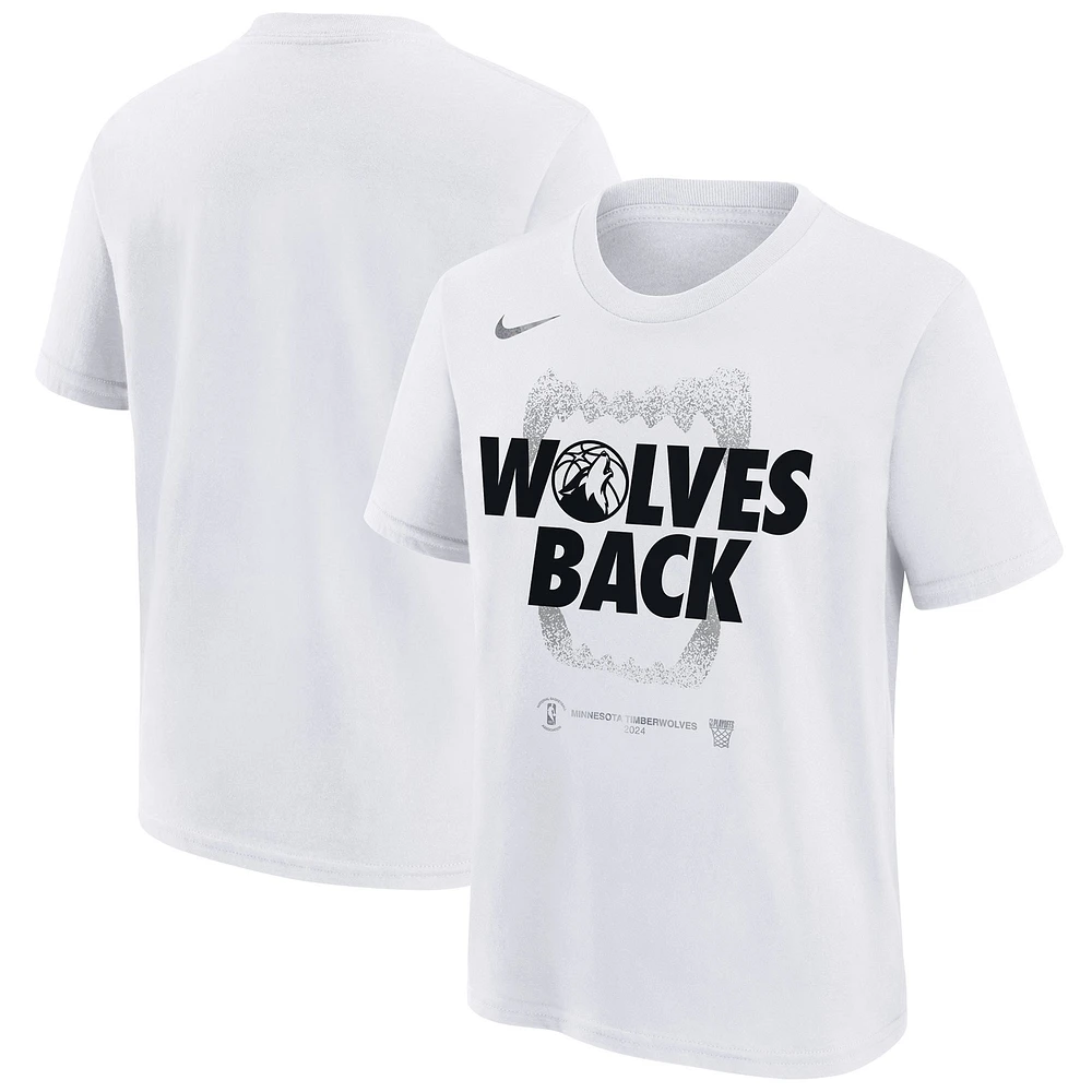 T-shirt Nike blanc pour jeunes Minnesota Timberwolves 2024 NBA Playoffs Mantra