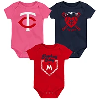 Ensemble de 3 bodys pour bébé Minnesota Twins Baseball bleu marine/rouge/rose