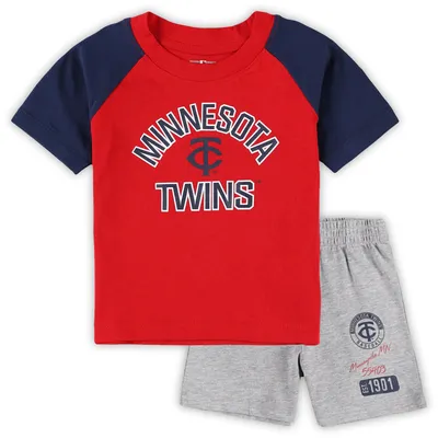 Minnesota Twins Infant Ground Out Baller Raglan T-Shirt and Shorts Set - Red/Heather Gray