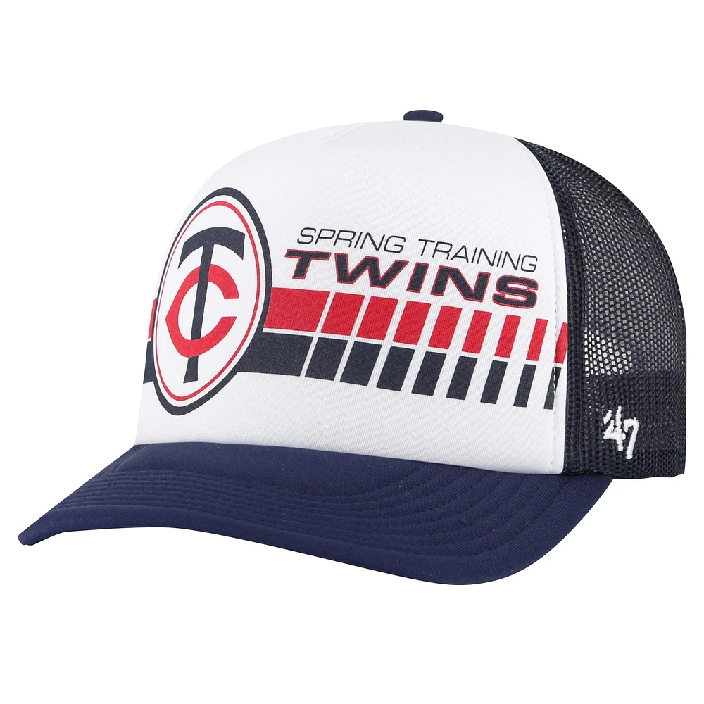 Casquette réglable de camionneur en mousse pour l'entraînement de printemps '47 des Minnesota Twins 2024, blanc/bleu marine, pour hommes