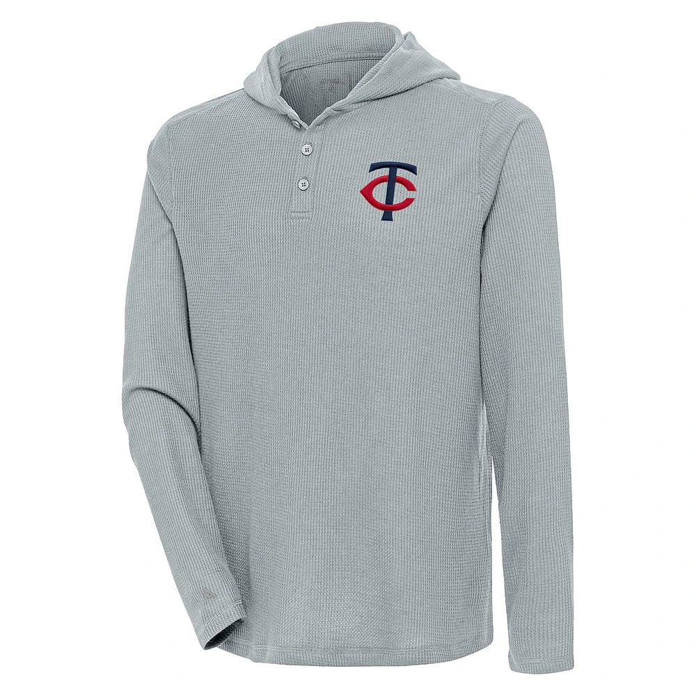 Men's Antigua Gray Minnesota Twins Strong Hold Long Sleeve Henley Hoodie T-Shirt