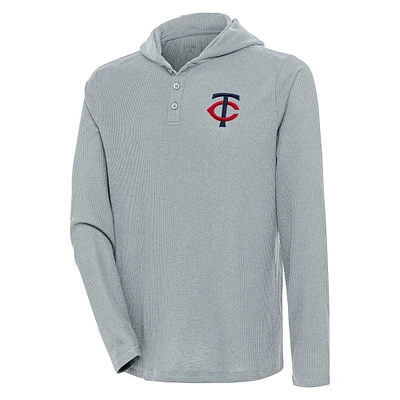 Men's Antigua  Gray Minnesota Twins Strong Hold Long Sleeve Henley Hoodie T-Shirt