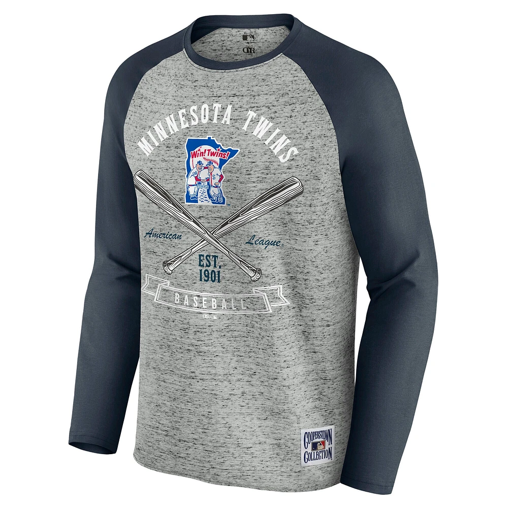 T-shirt de baseball à manches longues raglan bords bruts pour homme Darius Rucker Collection by Fanatics, gris chiné, des Twins du Minnesota