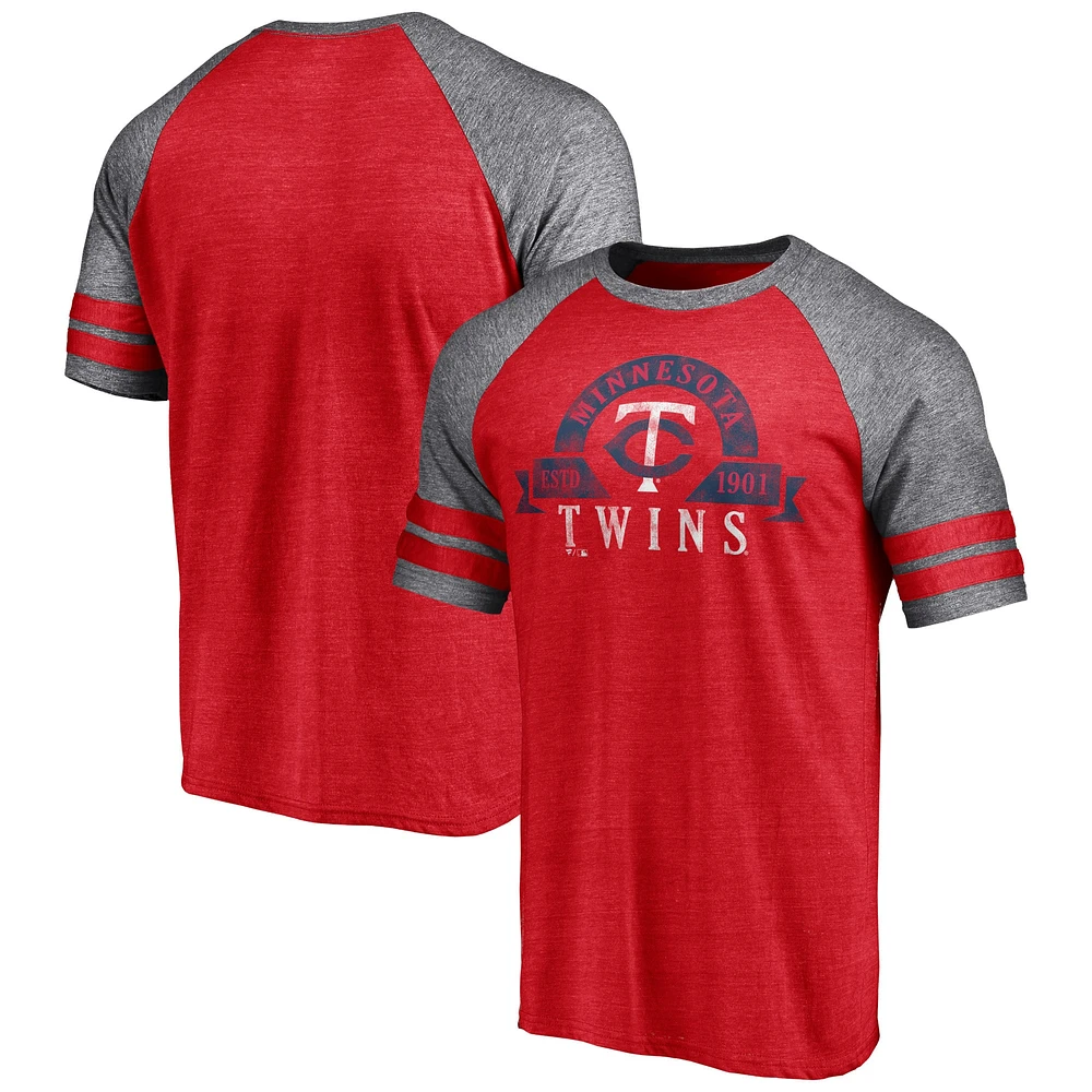 T-shirt utilitaire tri-mélange raglan à deux bandes Fanatics Heather Red Minnesota Twins pour hommes