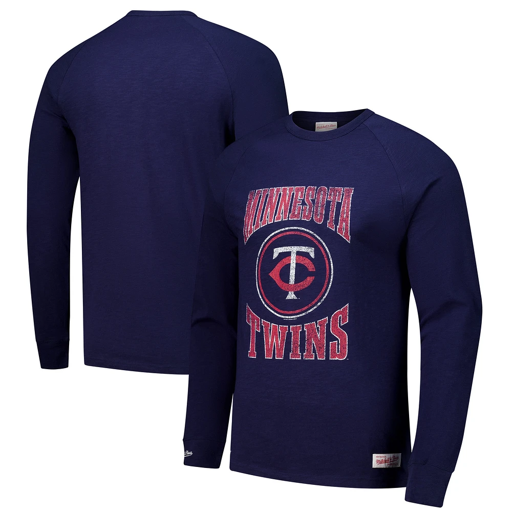 Men's Mitchell & Ness Navy Minnesota Twins Arched Logo Slub Long Sleeve T-Shirt