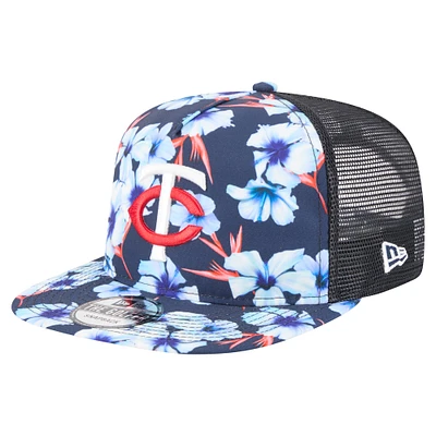 Men's New Era Navy Minnesota Twins Adventure Pattern Golfer Trucker Snapback Hat