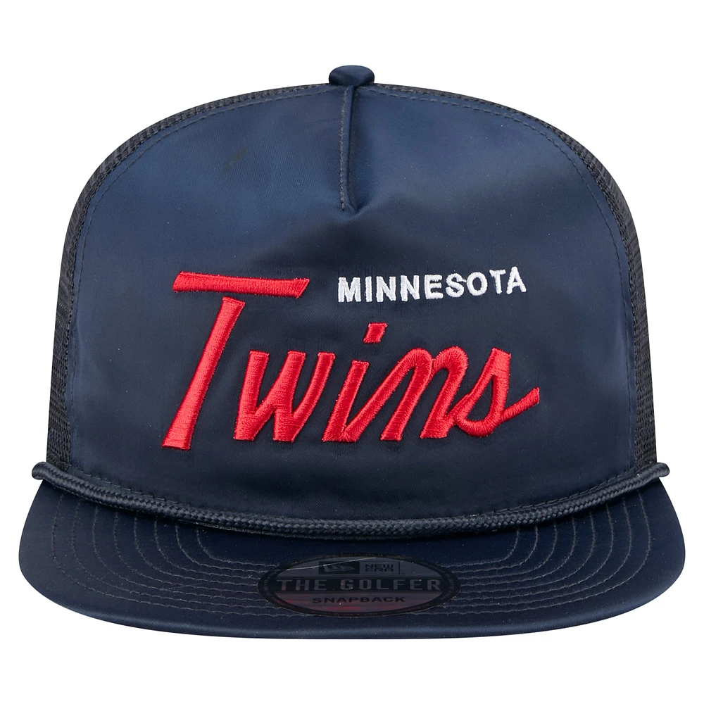 Casquette de golf ajustable rétro en satin bleu marine des Twins du Minnesota pour homme de New Era