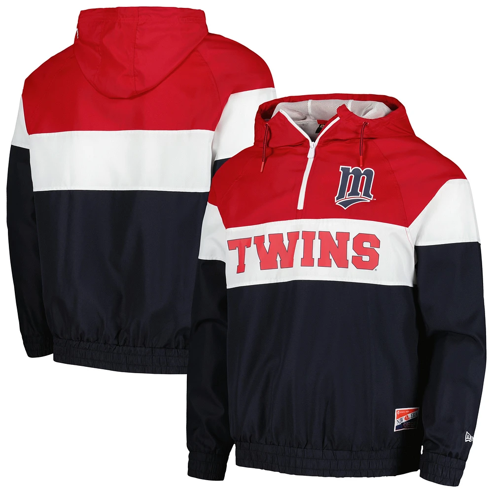 Veste coupe-vent à capuche quart de zip New Era pour hommes, bleu marine, Minnesota Twins Ripstop Raglan