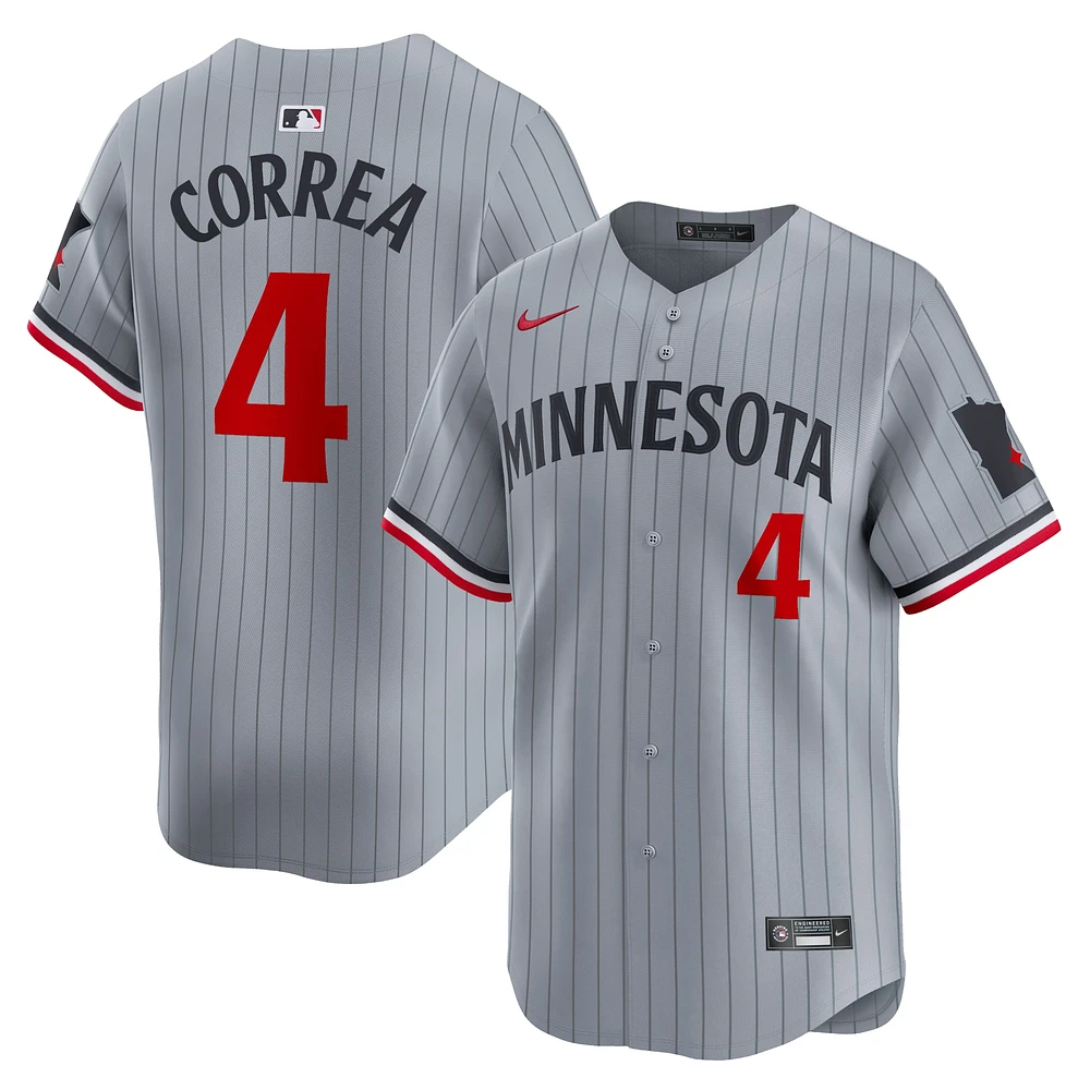 Maillot de joueur Nike Carlos Correa pour hommes, gris, Minnesota Twins Road Limited