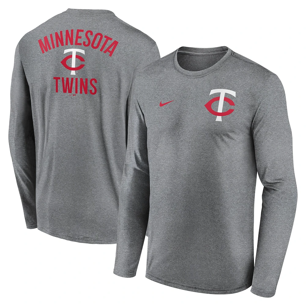 Men's Nike Heather Charcoal Minnesota Twins 2-Hit Legend Performance Long Sleeve T-Shirt