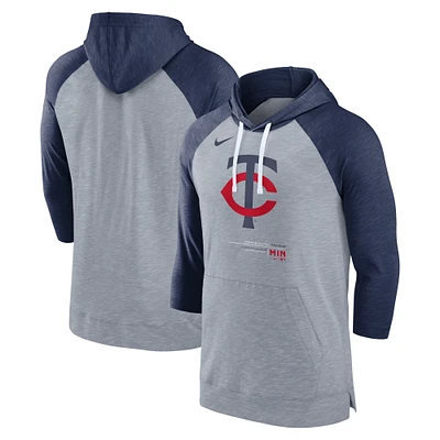 Chandail à capuchon manches 3/4 raglan de baseball Minnesota Twins Nike pour homme, gris chiné/bleu marine chiné