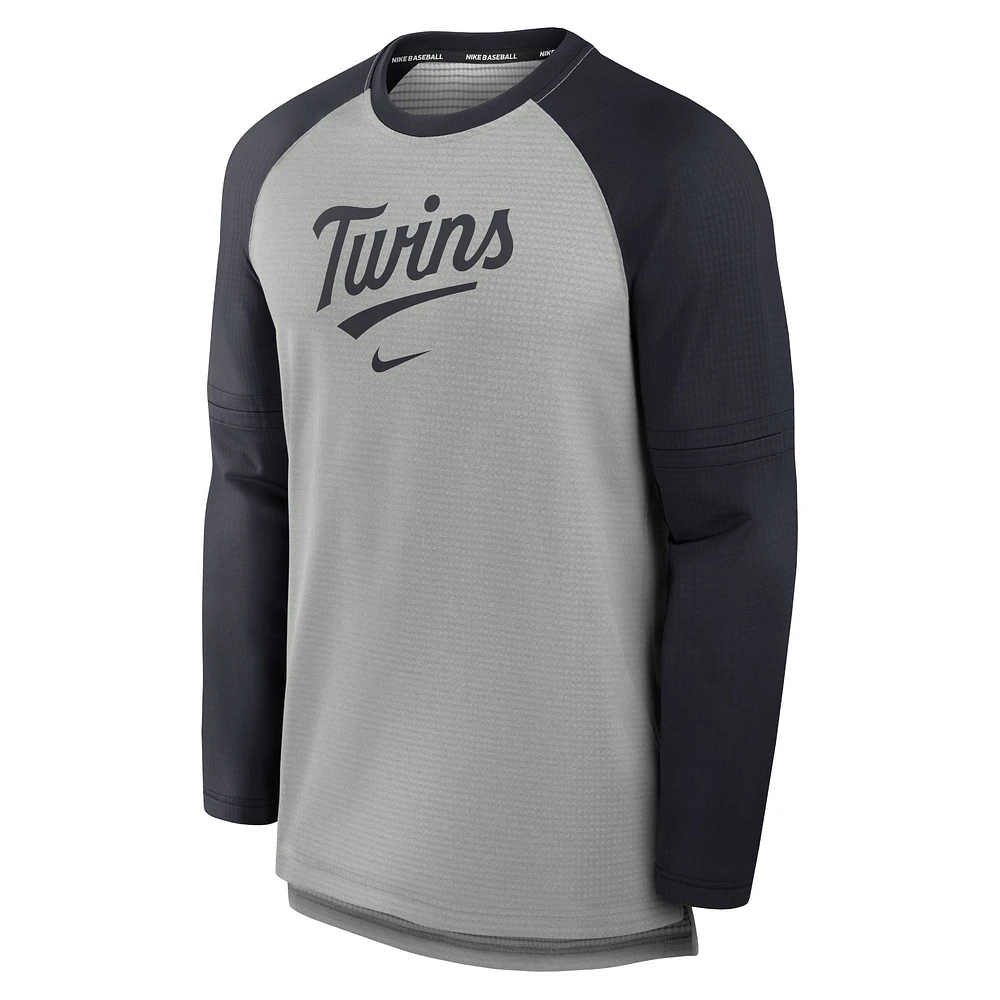 Men's Nike Heather Gray/Navy Minnesota Twins Authentic Collection Game Time Raglan Performance Long Sleeve T-Shirt