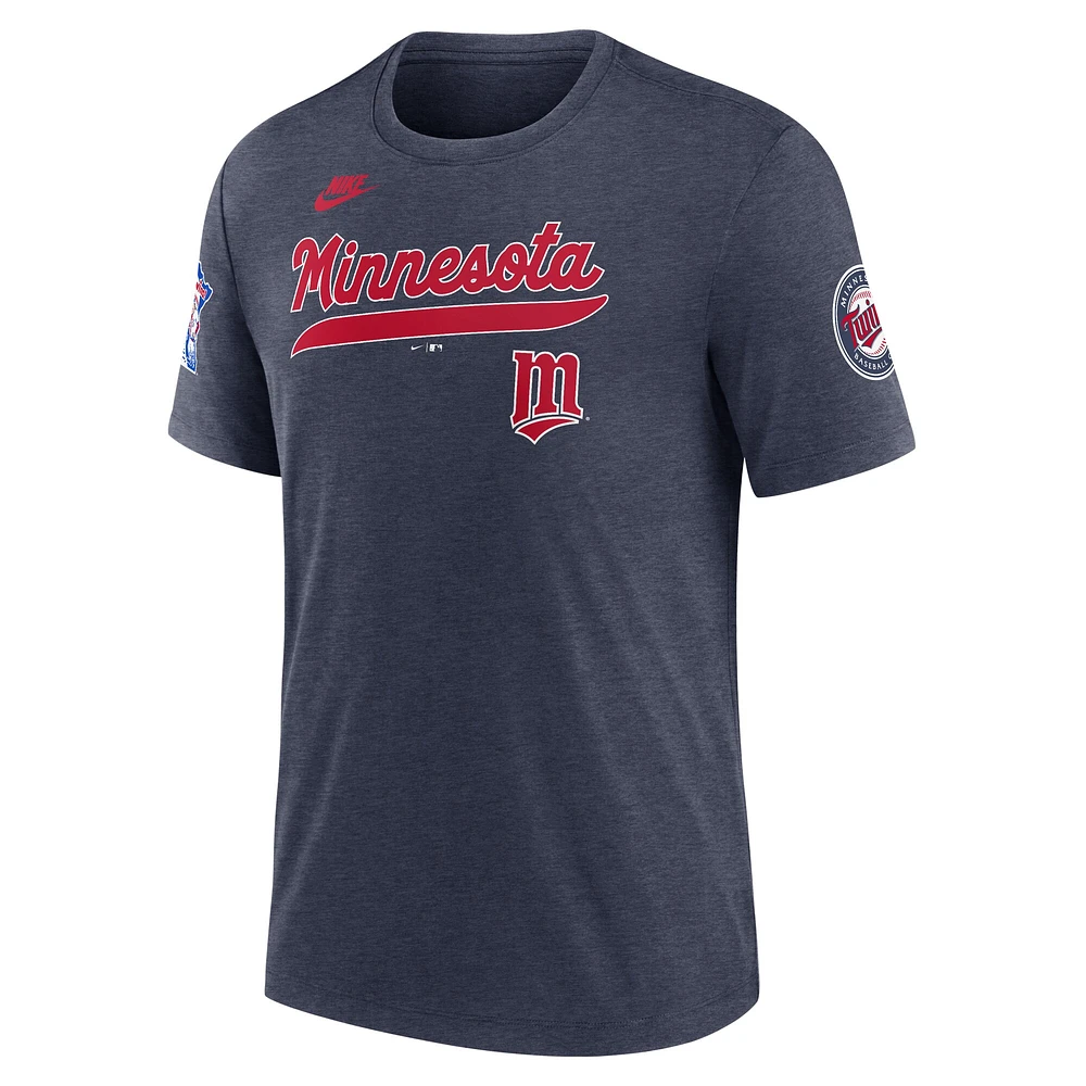 T-shirt Nike bleu marine chiné pour homme des Twins du Minnesota, collection Cooperstown, motif Eras Tri-Blend