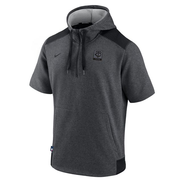 Chandail à capuchon manches courtes glissière quart de tour Nike Authentic Collection Dry Flux Performance pour Homme Minnesota Twins gris chiné/noir